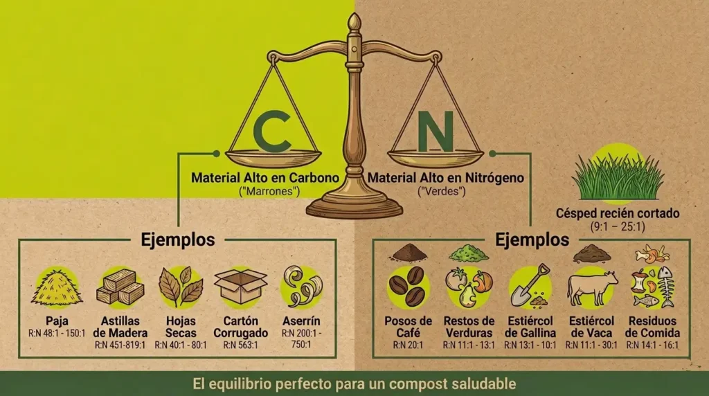 Infografía sobre la relación carbono-nitrógeno en el compostaje: balanza que muestra materiales marrones ricos en carbono (paja, astillas, hojas secas, cartón, aserrín) y materiales verdes ricos en nitrógeno (posos de café, restos de verduras, estiércol de gallina, estiércol de vaca, residuos de comida) con sus ratios C/N